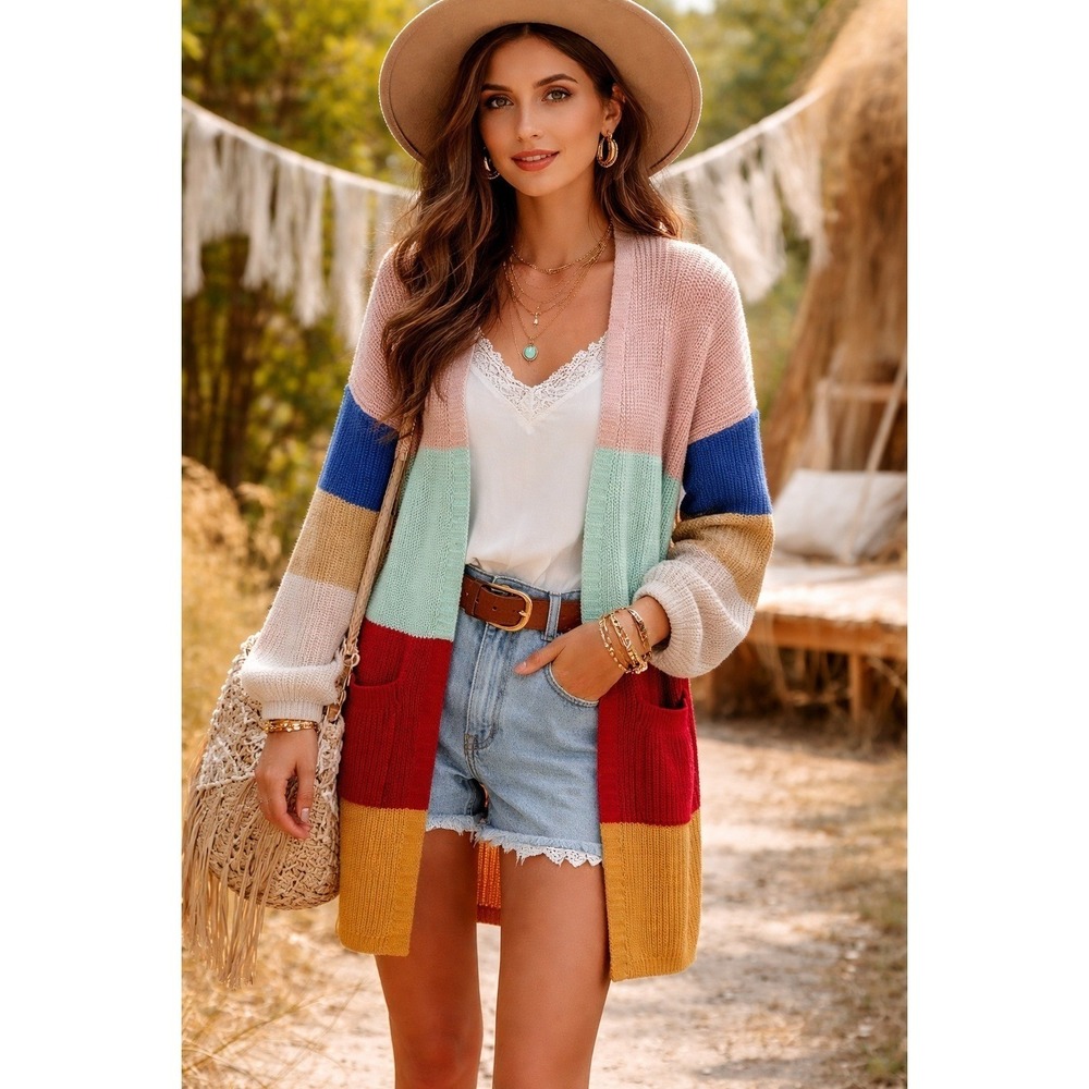 Boho L / XL Cardigan Knit Sweater Long Rainbow Striped Open Front Lara Fashion